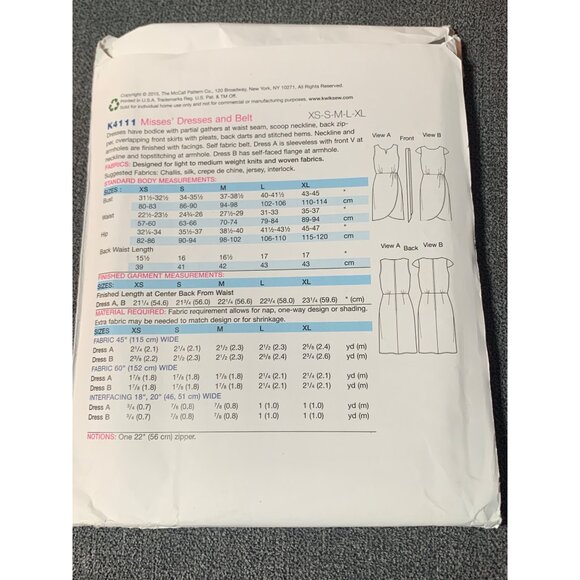 Kwik Sew K4111 Kerstin Martensson Dress Belt Pattern XS-S-M-L-XL uncut - Picture 2 of 2